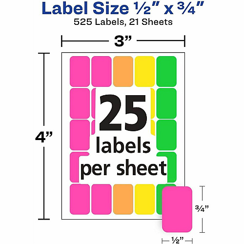 Avery&reg; Removable Labels, 1/2" x 3/4" , Neon, 525 Total (6721) 3/4" Height x 1/2" Width x 3/4" Length - Removable Adhesive - Rectangle - Matte - Neon Pink, Neon Yellow, Neon Orange, Neon Green - Paper - 25 / Sheet - 21 Total Sheets - 525 Total  (06721)
