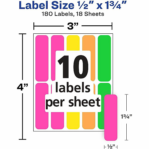 Avery&reg; Rectangular Removable Color Coding Labels on Small Sheets 1/2" Height x 1/2" Width x 1 3/4" Length - Removable Adhesive - Rectangle - Neon Pink, Neon Yellow, Neon Orange, Neon Green - Paper - 10 / Sheet - 18 Total Sheets - 180 Total Lab (06724)