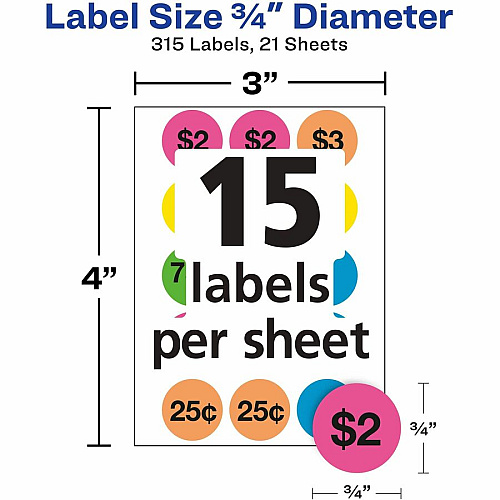 Avery&reg; Garage Sale Labels on Small Sheets 3/4" Diameter - Removable Adhesive - Round - Matte - Neon Blue, Neon Green, Neon Orange, Neon Pink, Neon Yellow, Assorted - Paper - 15 / Sheet - 21 Total Sheets - 11340 Total Label(s) - 315/Pack - 1 Ca (06725)