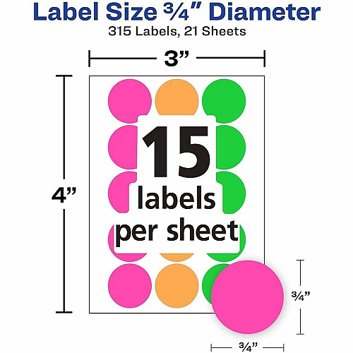 Avery&reg; 3/4" Round Removable Color Coding Labels - Handwrite Only 3/4" Diameter - Removable Adhesive - Round - Neon Pink, Neon Orange, Neon Green, Assorted - Paper - 15 / Sheet - 21 Total Sheets - 315 Total Label(s) - 315/Pack - 1 Carton (06733)