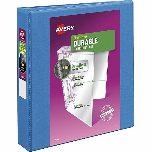 Avery&reg; Durable View 3 Ring Binder, 1.5" Slant Rings, 1 Blue Binder 1 1/2" Binder Capacity - Letter - 8 1/2" x 11" Sheet Size - 375 Sheet Capacity - 375 Ring - Fastener: Slant Ring - Pocket: 2, Internal - Polypropylene - Pool Blue - Adhesive, D (17834)