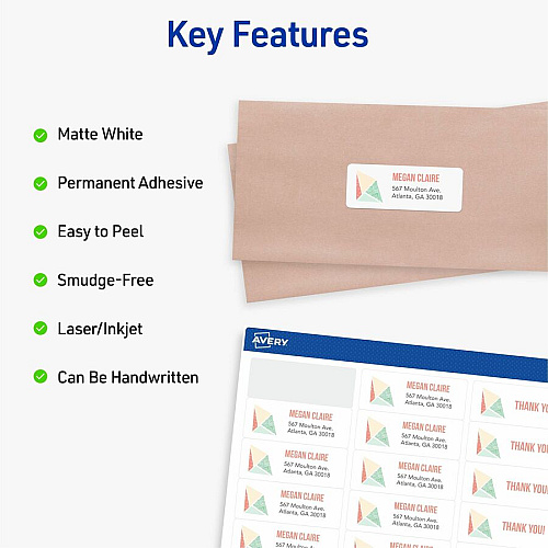 Avery&reg; Easy Peal Sure Feed Address Labels 1" Widthss x 2 5/8" Length - Permanent Adhesive - Rectangle - Inkjet, Laser - Matte White - Matte - Paper - 30 / Sheet - 30 Total Sheets - 750 Total Label(s) - 750/Pack - 5 / Carton (18260)