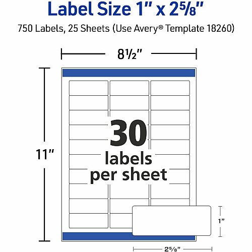 Avery&reg; Easy Peal Sure Feed Address Labels 1" Widthss x 2 5/8" Length - Permanent Adhesive - Rectangle - Inkjet, Laser - Matte White - Matte - Paper - 30 / Sheet - 30 Total Sheets - 750 Total Label(s) - 750/Pack - 5 / Carton (18260)