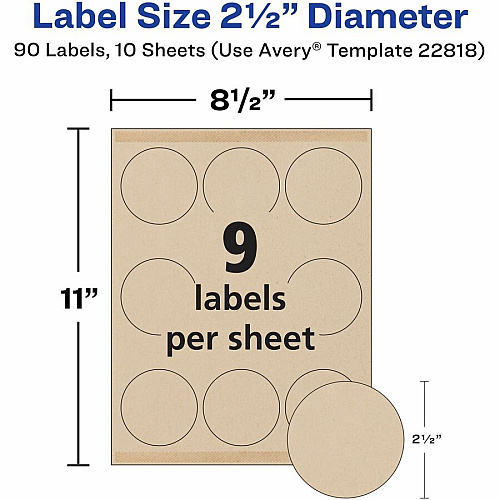 Avery&reg; Print-To-The-Edge Kraft Brown Labels Waterproof - x 2 1/2" Diameter - Permanent Adhesive - Round - Inkjet, Laser - Matte Kraft Brown - Matte - Paper - 9 / Sheet - 9 Total Sheets - 90 Total Label(s) - 90/Pack - 1 Carton (22818)