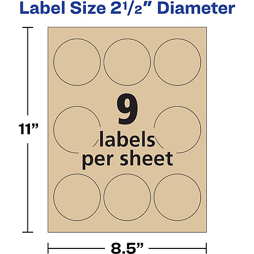 Avery&reg; Print-To-The-Edge Kraft Brown Labels Waterproof - x 2 1/2" Diameter - Permanent Adhesive - Round - Inkjet, Laser - Matte Kraft Brown - Matte - Paper - 9 / Sheet - 9 Total Sheets - 90 Total Label(s) - 90/Pack - 1 Carton (22818)