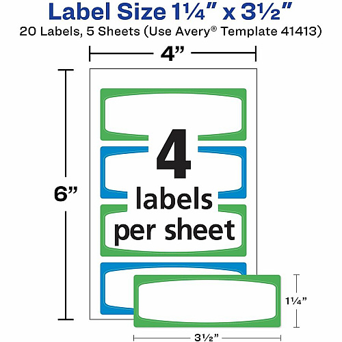 Avery&reg; Kids Gear Durable Labels 3 1/2" Height x 1 1/4" Width x 3 1/2" Length - Permanent Adhesive - Rectangle - Inkjet, Laser - Matte - Matte - Blue, Green Border - Film - Water Resistant - 4 / Sheet - 4 Total Sheets - 20 Total Label(s) - 1 Ca (41413)