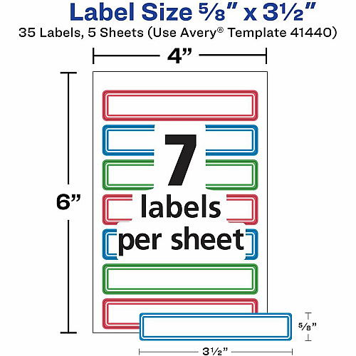 Avery&reg; Kids Gear Durable Labels 5/8" Height x 5/8" Width x 3 1/2" Length - Permanent Adhesive - Rectangle - Inkjet, Laser - Matte - Matte - Blue, Green, Red Border - Film - 7 / Sheet - 7 Total Sheets - 35 Total Label(s) - 1 Carton (41440)