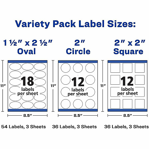 Avery&reg; Variety Pack Labels, Sure Feed, Assorted Shapes, 126 Labels Permanent Adhesive - Round, Oval, Square - Laser, Inkjet - Matte - White - Paper - 14 / Sheet - 9 Total Sheets - 126 Total Label(s) - For Label Printer - 1 Carton (80510)