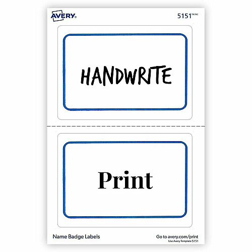 Avery&reg; Flexible Name Badge Labels 2 1/3" Height x 3 3/8" Width - Removable Adhesive - Rectangle - Laser, Inkjet - Matte - White - Blue Border - Film - 2 / Sheet - 20 Total Sheets - 720 Total Label(s) - 40/Pack - 18 / Carton (05151)