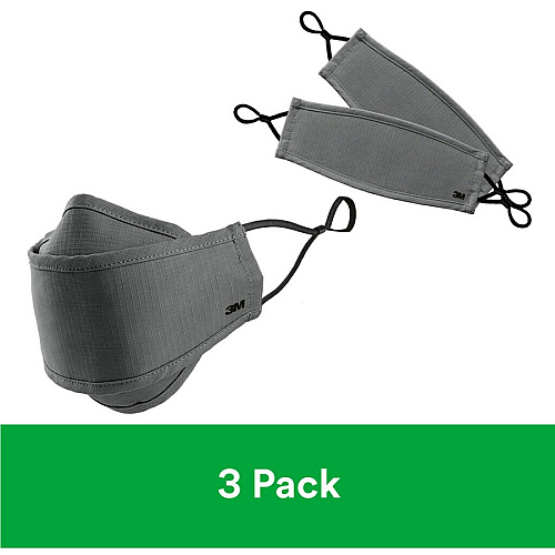 3M Daily Face Masks Recommended for: Face, Indoor, Outdoor, Office, Transportation - Cotton, Fabric - Gray - Lightweight, Breathable, Adjustable, Elastic Loop, Nose Clip, Comfortable, Washable - 3 / Pack (RFM1003)