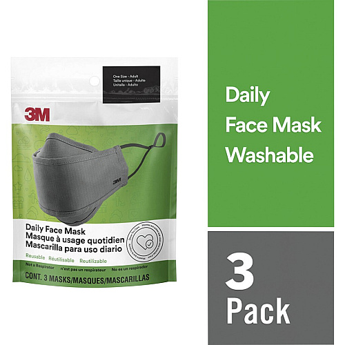 3M Daily Face Masks Recommended for: Face, Indoor, Outdoor, Office, Transportation - Cotton, Fabric - Gray - Lightweight, Breathable, Adjustable, Elastic Loop, Nose Clip, Comfortable, Washable - 3 / Pack (RFM1003)