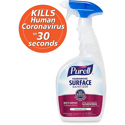 PURELL&reg; Foodservice Surface Sanitizer 32 fl oz (1 quart) - Rinse-free, Fragrance-free - Clear Spray Bottle - 6 / Carton (334106)