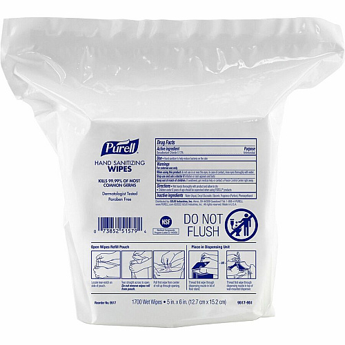 PURELL&reg; Refill Pouch Hand Sanitizing Wipes 5" Width x 6" Length - 1700 Sheets - White Per Pouch - 4 / Carton (951704)