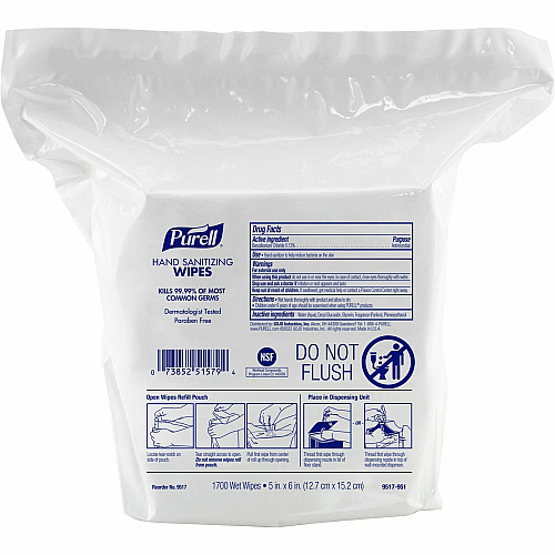 PURELL&reg; Refill Pouch Hand Sanitizing Wipes 5" Width x 6" Length - 1700 Sheets - White Per Pouch - 4 / Carton (951704)