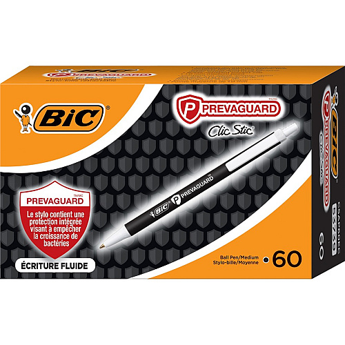 BIC PrevaGuard Clic Stic Antimicrobial Pens 1 mm Medium Pen Point - Retractable - Black Ink - 60 / Box (CSAP60ECBK)