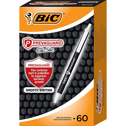 BIC PrevaGuard Clic Stic Antimicrobial Pens 1 mm Medium Pen Point - Retractable - Black Ink - 60 / Box (CSAP60ECBK)