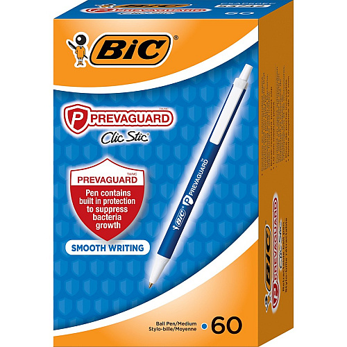 BIC PrevaGuard Clic Stic Antimicrobial Pens 1 mm Medium Pen Point - Retractable - Blue Ink - 60 / Box (CSAP60ECBE)
