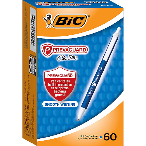 BIC PrevaGuard Clic Stic Antimicrobial Pens 1 mm Medium Pen Point - Retractable - Blue Ink - 60 / Box (CSAP60ECBE)