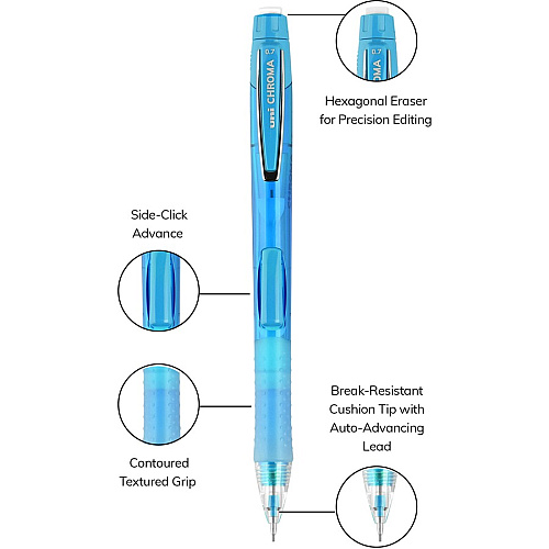 uni-ball uni&reg; CHROMA Mechanical Pencils 0.7 mm Black Lead - HB, #2 - Light Blue, Red Barrel - 2 / Pack (90192)