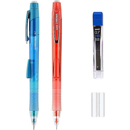uni-ball uni&reg; CHROMA Mechanical Pencils 0.7 mm Black Lead - HB, #2 - Light Blue, Red Barrel - 2 / Pack (90192)