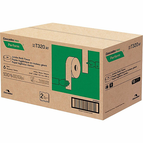 Cascades&reg; Perform Jumbo Toilet Paper, 2 Ply, 1250-ft Roll, 6 Rolls 2 Ply - 3.40" Width x 1250 ft Length - 9" Roll Diameter - White - Paper - 6 / Carton (T320)