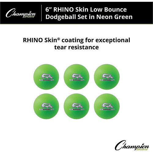 Champion Sports Rhino Skin Low Bounce Dodgeball Set 6.30" - Low Density Foam - Neon Green - 6 / Set (RXD6NGSET)