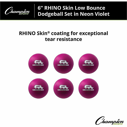 Champion Sports Rhino Skin Low Bounce Dodgeball Set 6.30" - Low Density Foam - Neon Purple - 6 / Set (RXD6NVSET)
