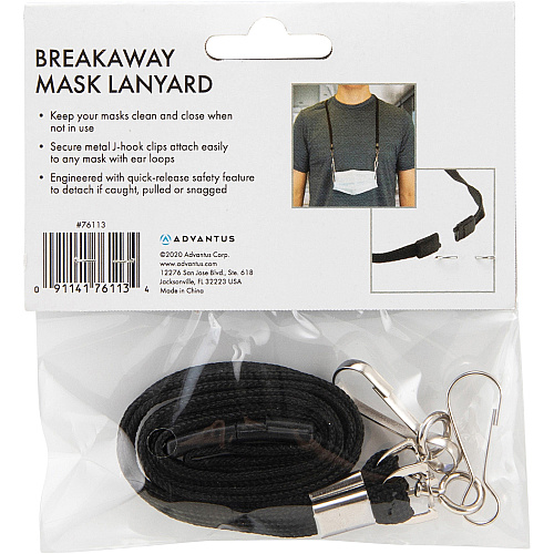 Advantus Face Mask Lanyard Adjustable - J-Hook Attachment - 30" Length - Black - 10 / Pack (76113)