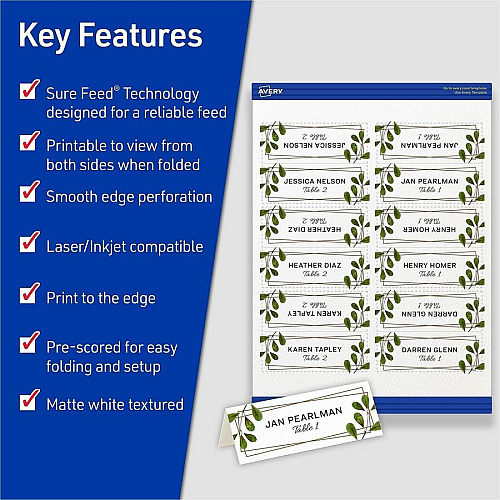 Avery&reg; Place Cards with Sure Feed 1 7/16" x 3 3/4" - Matte - Double-sided, Foldable, Heavyweight, Textured, Perforated, Print-to-the-edge, Printable - White - 6 Sheets - 1 Carton (05011)