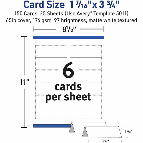 Avery&reg; Place Cards with Sure Feed 1 7/16" x 3 3/4" - Matte - Double-sided, Foldable, Heavyweight, Textured, Perforated, Print-to-the-edge, Printable - White - 6 Sheets - 1 Carton (05011)
