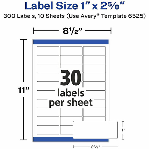Avery&reg; Easy Peel Glossy Address Labels 1" Width x 2 5/8" Length - Permanent Adhesive - Rectangle - Laser, Inkjet - Glossy - White - Paper - 30 / Sheet - 10 Total Sheets - 300 Total Label(s) - 1 Carton (06525)