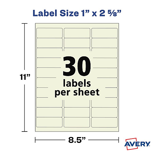 Avery&reg; Pearlized Address Labels 1" Widthss x 2 5/8" Length - Permanent Adhesive - Rectangle - Laser, Inkjet - Pearlized - Ivory - Paper - 30 / Sheet - 150 Total Sheets - 1200 Total Label(s) - 240/Pack - 5 / Carton (08215)