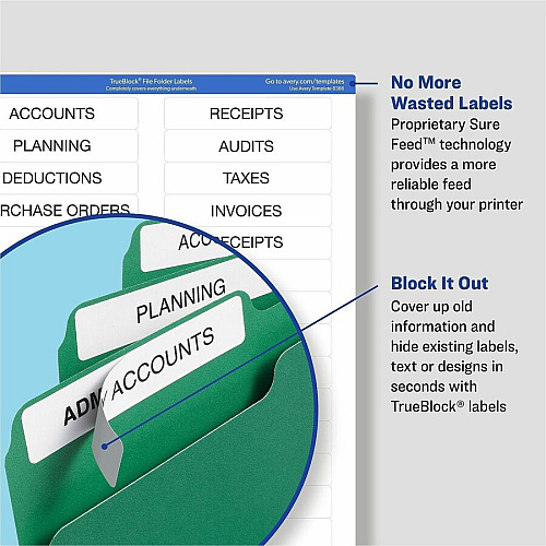 Avery&reg; TrueBlock File Folder Labels 2/3" Widthss x 3 7/16" Length - Permanent Adhesive - Rectangle - Laser, Inkjet - White - Paper - 30 / Sheet - 20 Total Sheets - 600 Total Label(s) - 150/Pack - 4 / Carton (08593)