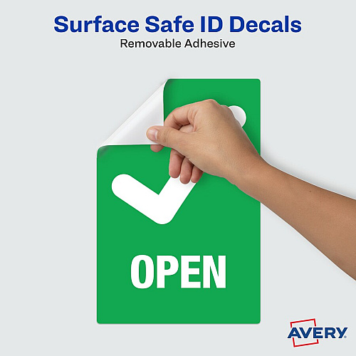Avery&reg; Surface Safe OPEN/CLOSED Table/Chair Decals Print/Message "Open/Closed" - 4" Width x 6" Height - Rectangular Shape - White Print/Message Color - Water Resistant, Pre-printed, Chemical Resistant, Abrasion Resistant, Tear Resistant, Durab (83070)