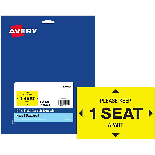 Avery&reg; Surface Safe PLEASE KEEP 1 SEAT APART Decals Print/Message "Please Keep 1 Seat Apart" - 4" Width x 6" Height - Rectangular Shape - Water Resistant, Pre-printed, Chemical Resistant, Abrasion Resistant, Tear Resistant, Durable, UV Resista (83073)