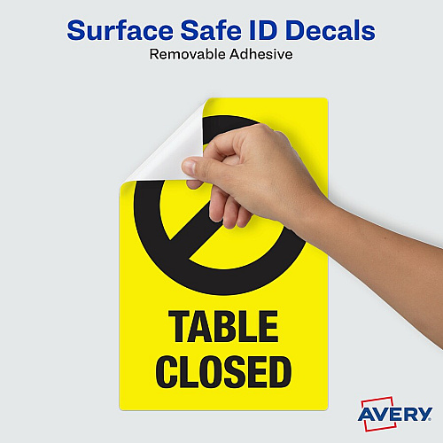 Avery&reg; Surface Safe TABLE CLOSED Preprinted Decals Print/Message "Table Closed" - 4" Width x 6" Height - Rectangular Shape - Water Resistant, Pre-printed, Chemical Resistant, Abrasion Resistant, Tear Resistant, Durable, UV Resistant, Residue-f (83075)