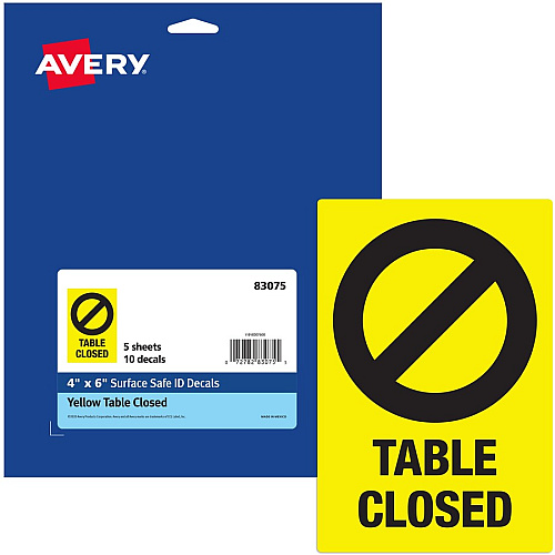 Avery&reg; Surface Safe TABLE CLOSED Preprinted Decals Print/Message "Table Closed" - 4" Width x 6" Height - Rectangular Shape - Water Resistant, Pre-printed, Chemical Resistant, Abrasion Resistant, Tear Resistant, Durable, UV Resistant, Residue-f (83075)