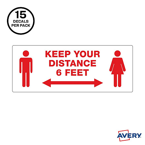 Avery&reg; Surface Safe KEEP YOUR DISTANCE Decals Print/Message "Keep Your Distance" - Rectangular Shape - Water Resistant, Pre-printed, Chemical Resistant, Abrasion Resistant, Tear Resistant, Durable, UV Resistant, Residue-free, Easy Peel, Anti-s (83079)