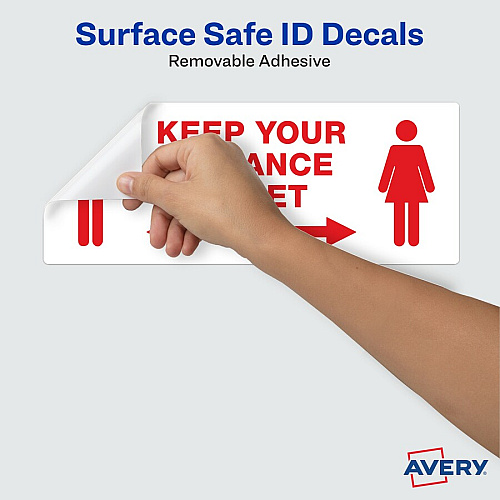Avery&reg; Surface Safe KEEP YOUR DISTANCE Decals Print/Message "Keep Your Distance" - Rectangular Shape - Water Resistant, Pre-printed, Chemical Resistant, Abrasion Resistant, Tear Resistant, Durable, UV Resistant, Residue-free, Easy Peel, Anti-s (83079)