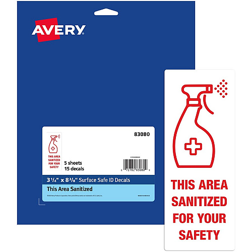 Avery&reg; Surface Safe THIS AREA SANITIZED Decals Print/Message "This Area Sanitized" - Rectangular Shape - Water Resistant, Pre-printed, Chemical Resistant, Abrasion Resistant, Tear Resistant, Durable, UV Resistant, Residue-free, Easy Peel, Anti (83080)
