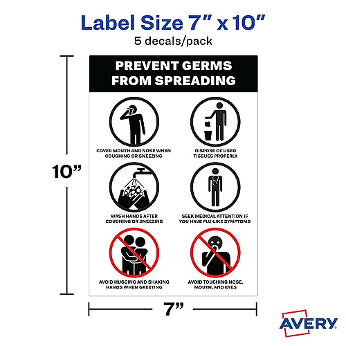 Avery&reg; Surface Safe PREVENT GERMS Wall Decals Print/Message "Prevents Germs from Spreading" - 7" Width x 10" Height - Rectangular Shape - Water Resistant, Pre-printed, Chemical Resistant, Abrasion Resistant, Tear Resistant, Durable, UV Resista (83174)