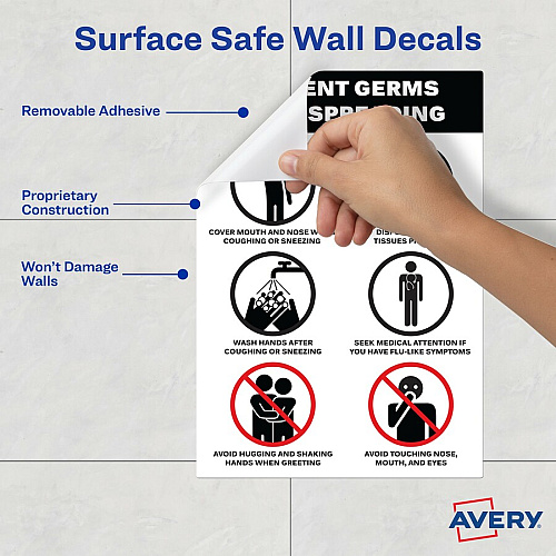 Avery&reg; Surface Safe PREVENT GERMS Wall Decals Print/Message "Prevents Germs from Spreading" - 7" Width x 10" Height - Rectangular Shape - Water Resistant, Pre-printed, Chemical Resistant, Abrasion Resistant, Tear Resistant, Durable, UV Resista (83174)