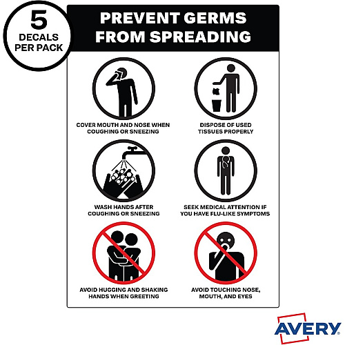 Avery&reg; Surface Safe PREVENT GERMS Wall Decals Print/Message "Prevents Germs from Spreading" - 7" Width x 10" Height - Rectangular Shape - Water Resistant, Pre-printed, Chemical Resistant, Abrasion Resistant, Tear Resistant, Durable, UV Resista (83174)