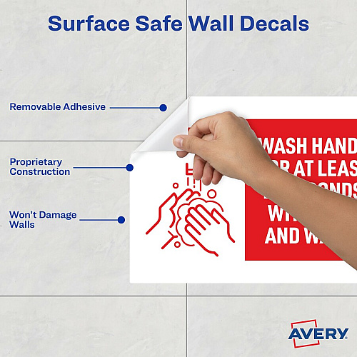 Avery&reg; Surface Safe NOTICE WASH HANDS Wall Decals Print/Message "Wash Hands for at Least 20 Seconds" - 7" Width x 10" Height - Rectangular Shape - Water Resistant, Pre-printed, Chemical Resistant, Abrasion Resistant, Tear Resistant, Durable, U (83175)