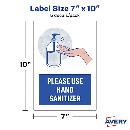 Avery&reg; Surface Safe USE HAND SANITIZER Wall Decals Print/Message "Please Use Hand Sanitizer" - 7" Width x 10" Height - Rectangular Shape - Water Resistant, Pre-printed, Chemical Resistant, Abrasion Resistant, Tear Resistant, Durable, UV Resist (83179)