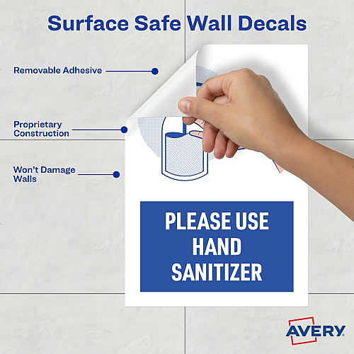 Avery&reg; Surface Safe USE HAND SANITIZER Wall Decals Print/Message "Please Use Hand Sanitizer" - 7" Width x 10" Height - Rectangular Shape - Water Resistant, Pre-printed, Chemical Resistant, Abrasion Resistant, Tear Resistant, Durable, UV Resist (83179)
