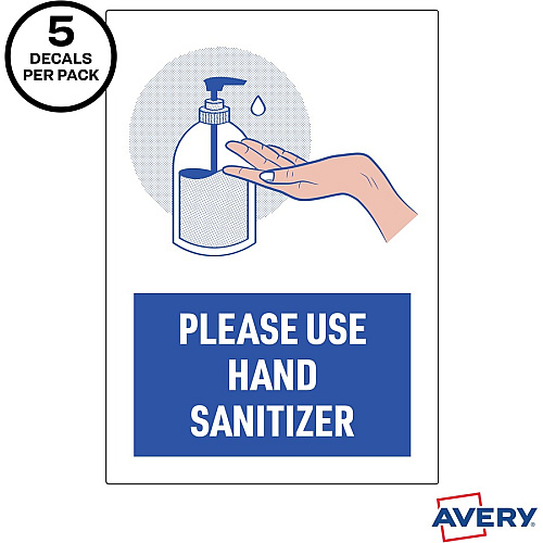 Avery&reg; Surface Safe USE HAND SANITIZER Wall Decals Print/Message "Please Use Hand Sanitizer" - 7" Width x 10" Height - Rectangular Shape - Water Resistant, Pre-printed, Chemical Resistant, Abrasion Resistant, Tear Resistant, Durable, UV Resist (83179)