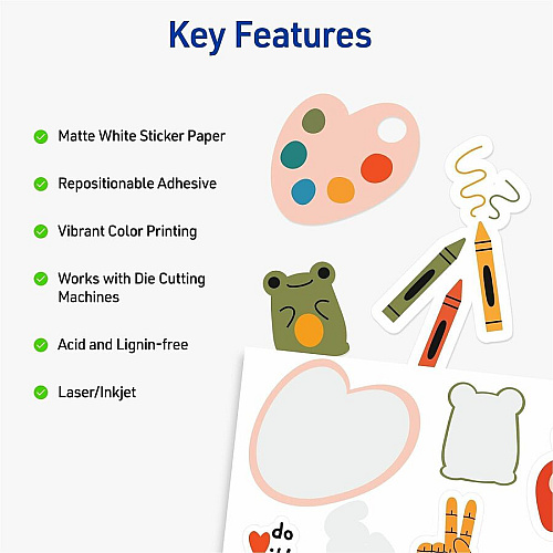 Avery&reg; Matte White Sticker Project Paper Letter - 8 1/2" x 11" - Matte - Printable, Removable Adhesive, Die-cut, Repositionable, Lignin-free, Easy to Cut, Acid-free, PVC-free - White - 30 Sheets - 5 Sheets/Pack - 6 / Carton (53202)