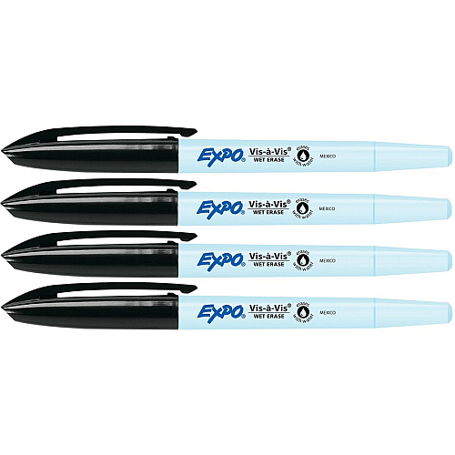 Expo Vis-A-Vis Wet-Erase Markers Fine Marker Point - Black Ink - Solvent Based - Gray Barrel - 4 / Pack (2134050)