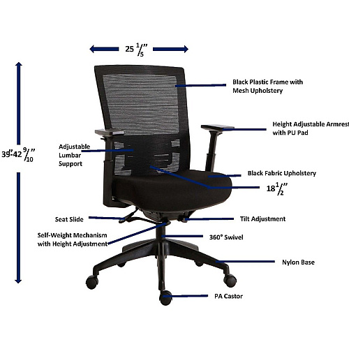 Lorell Mesh Mid-back Office Chair Fabric Seat Material - Mid Back - 5-star Base - Black - 1 Each (LLR62626)